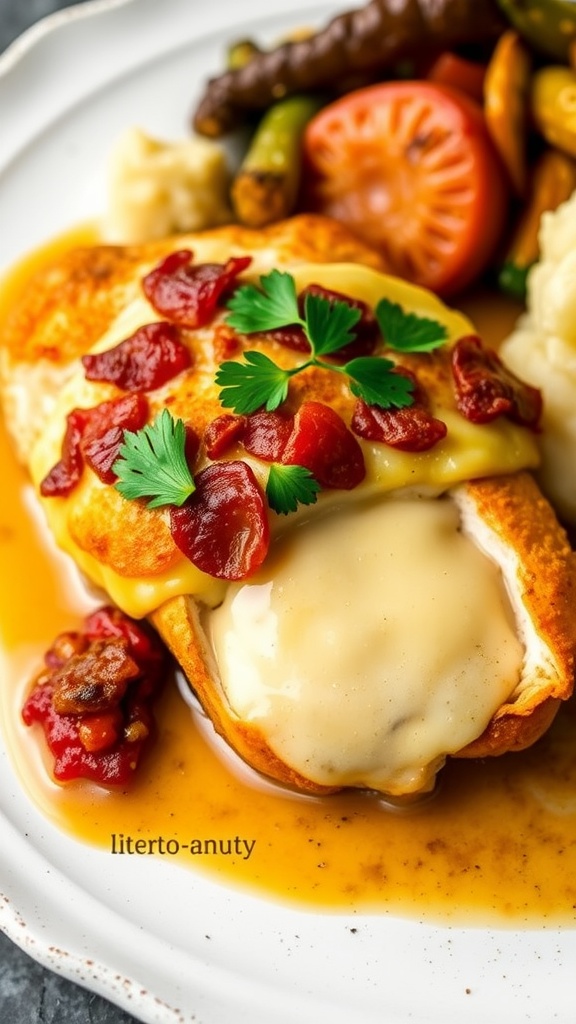 Stuffed chicken breast filled with cheese and bacon, served with creamy sauce and garnished with parsley.